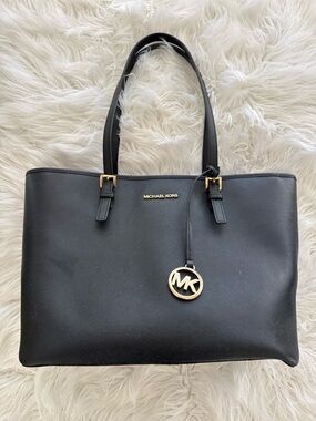Michael Kors Black Leather Tote with Gold MK Charm